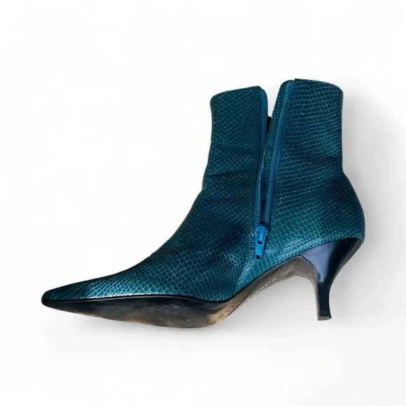 Authentic Gianni Bini Real Snakeskin Dark Aqua Pointed Toe Kitten Heel Boots9” - Picture 5 of 13